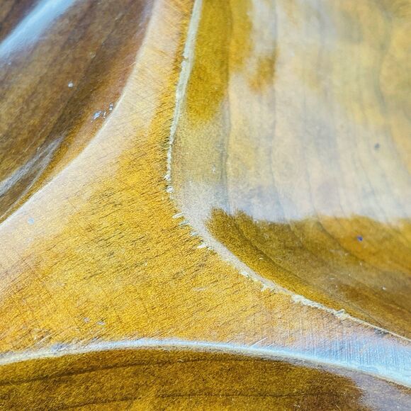 LARGE WOODEN VTG LEAF SHAPE Serving Candy Bowl Tray 3 Sections 18" X 10" MCM - Picture 6 of 14